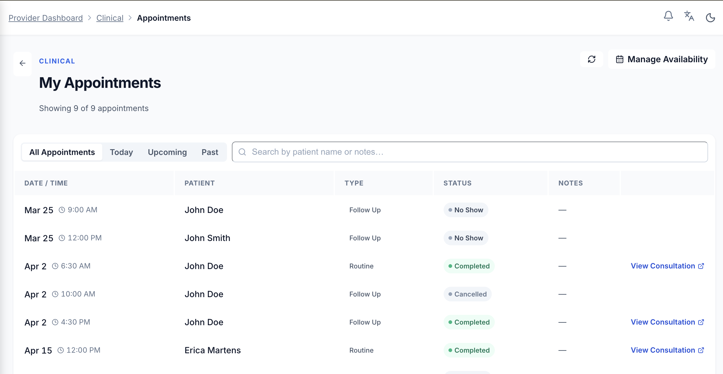 Provider portal — appointments worklist showing date, patient, type, status and links to consultations