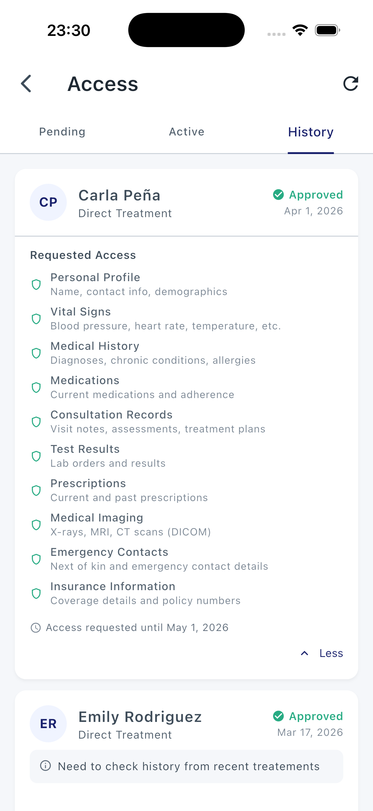 LifeVault patient app — patient-controlled consent: approve exactly what each provider can see