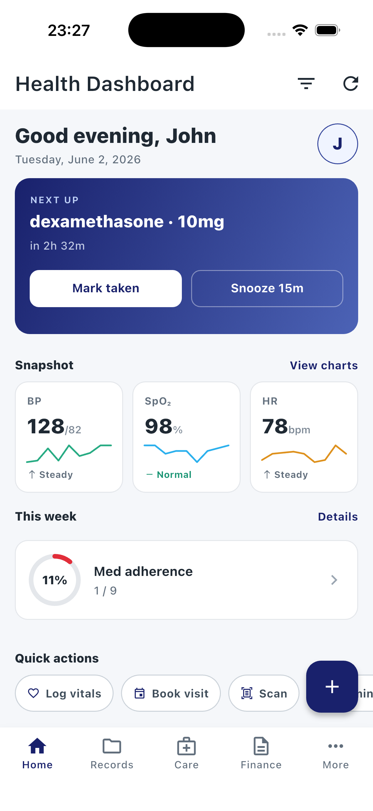 LifeVault patient app — health dashboard with medication reminders, vitals and adherence